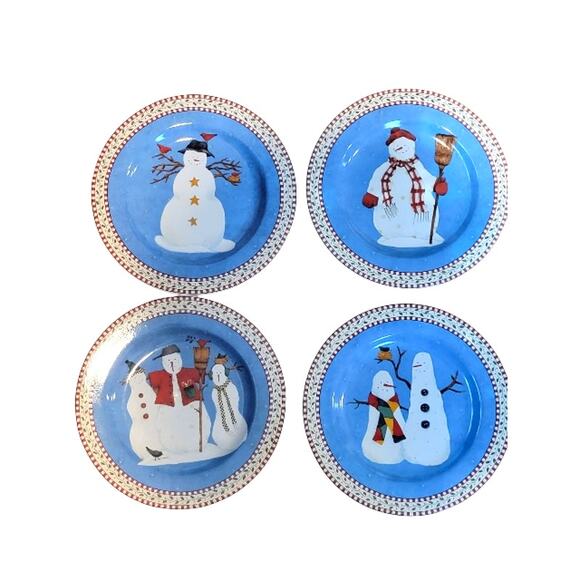Debbie Mumm's Snowmen Salad / Dessert Plates 8" Sakura Oneida Stoneware Set of 4 - Picture 1 of 8